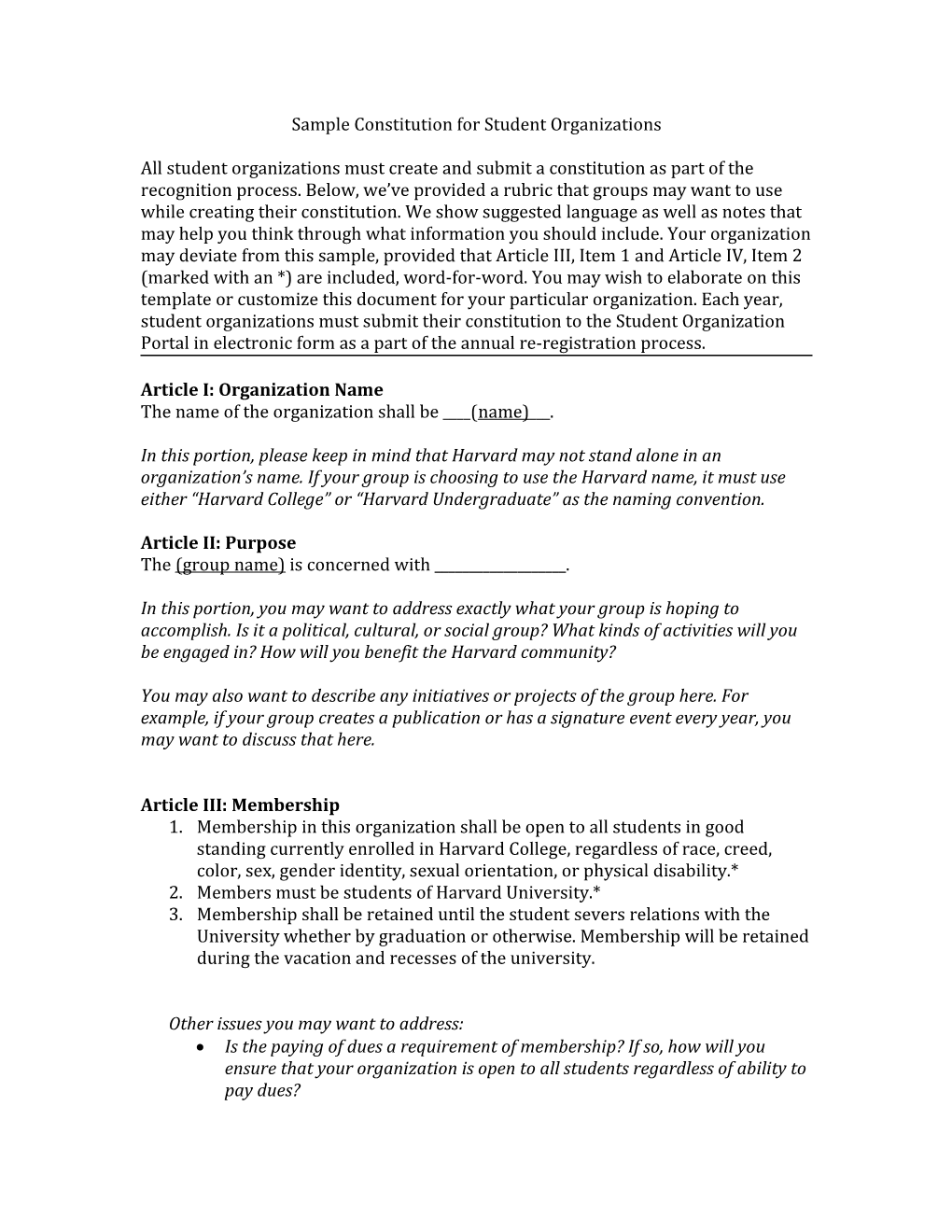 Sample Constitution for Student Organizations