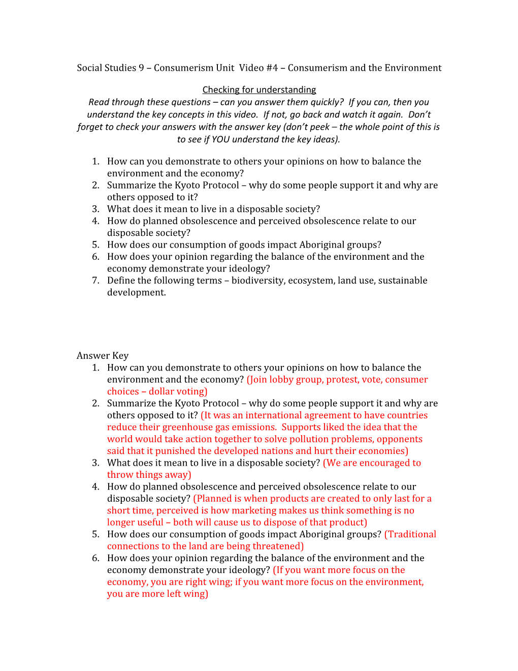 Social Studies 9 Consumerism Unit Video #4 Consumerism and the Environment