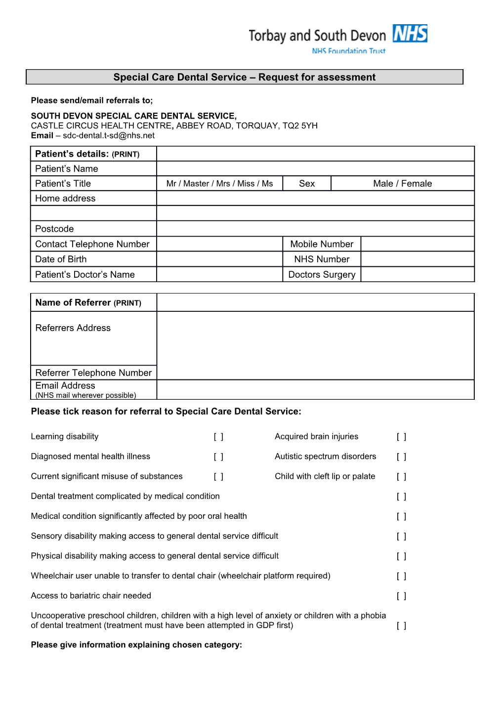 Special Care Dental Service Request for Assessment