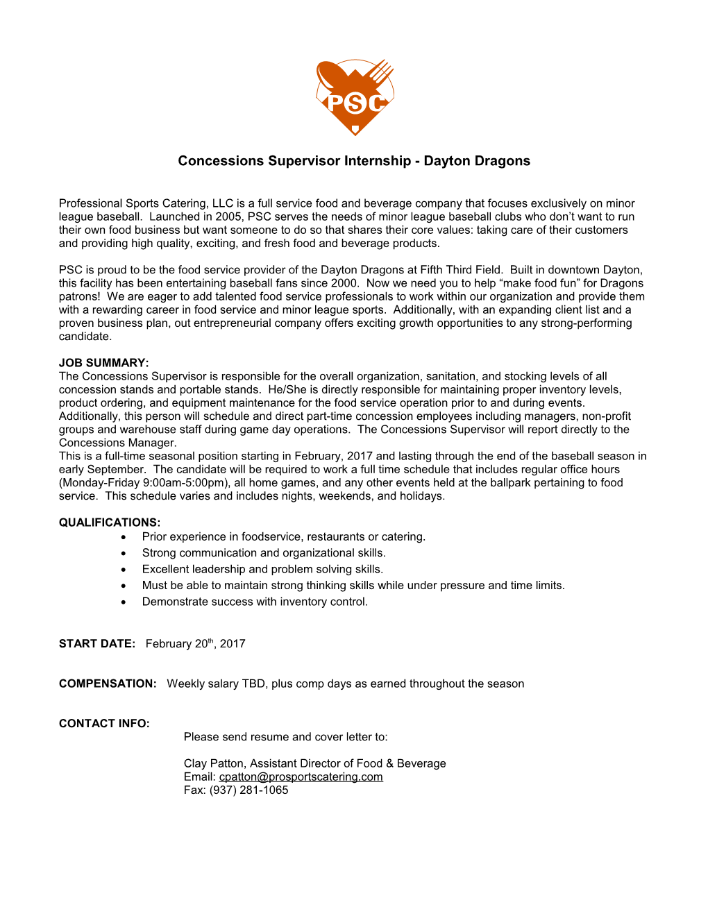 Concessions Supervisor Internship - Dayton Dragons