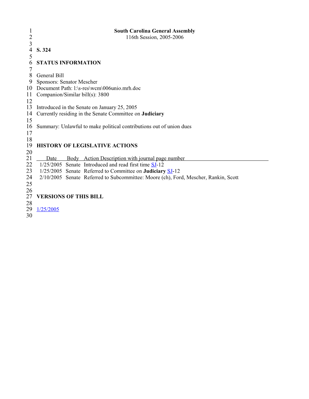 2005-2006 Bill 324: Unlawful to Make Political Contributions out of Union Dues - South