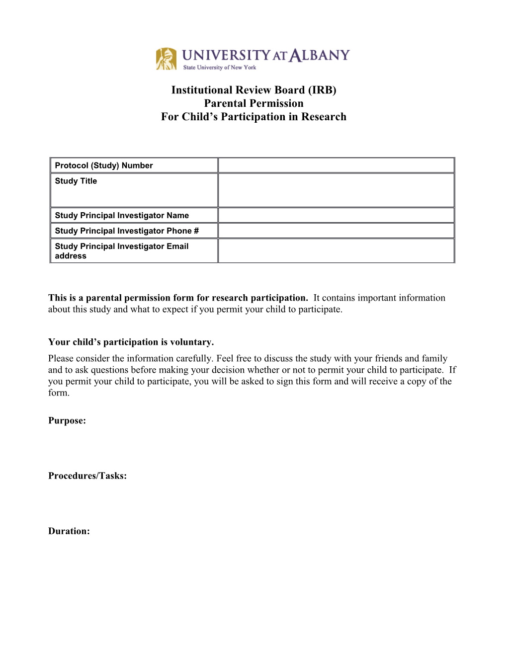 Institutional Review Board(IRB) Parental Permission