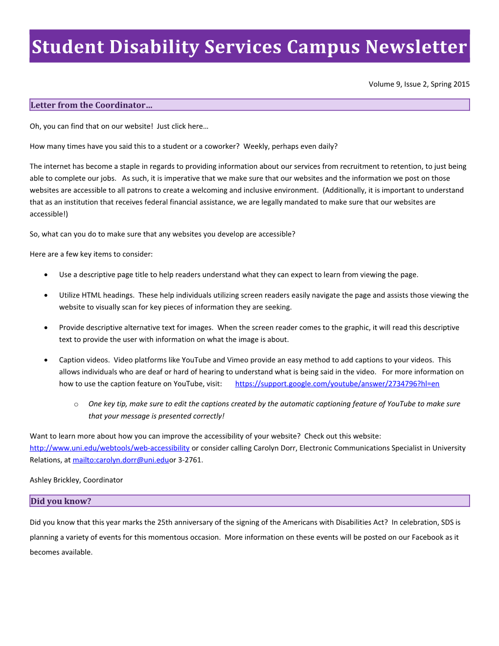 Student Disability Services Campus Newsletter