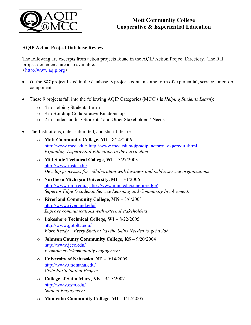 AQIP Action Project Database Review