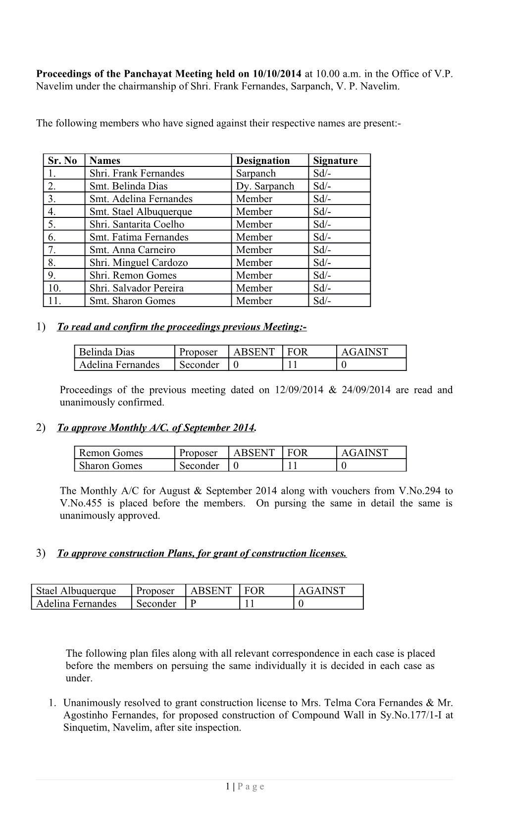 1) to Read and Confirm Theproceedingsprevious Meeting