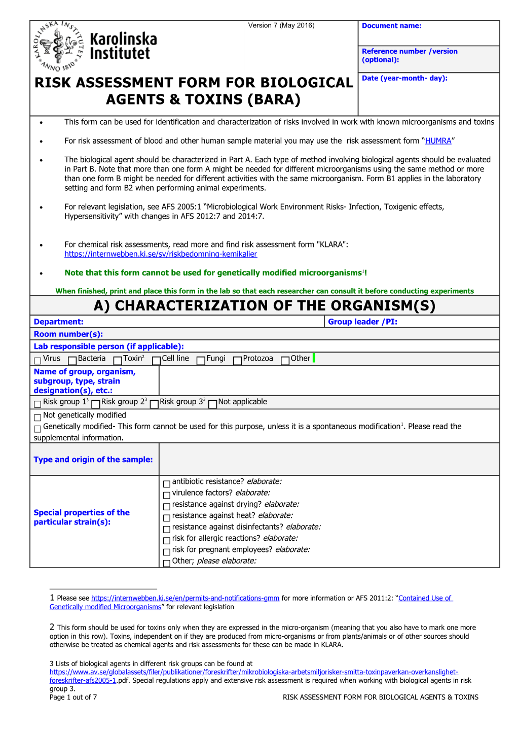Risk Assessment Form for Biological Agents & Toxins (BARA)