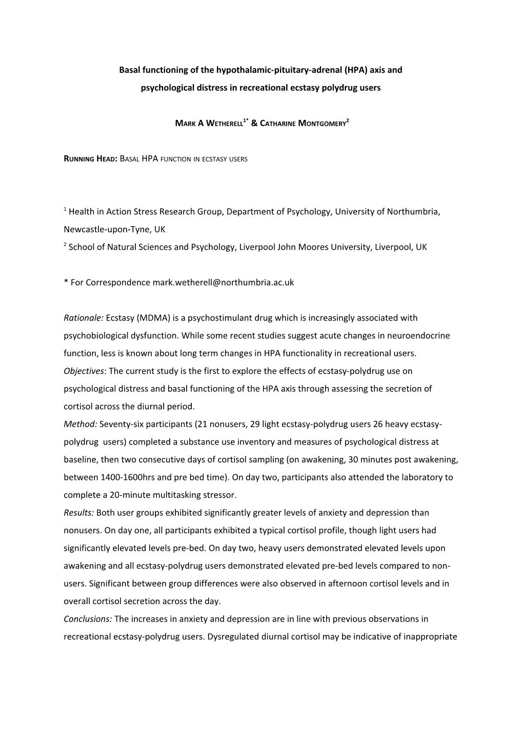 Basal Functioning of the Hypothalamic-Pituitary-Adrenal (HPA) Axis And