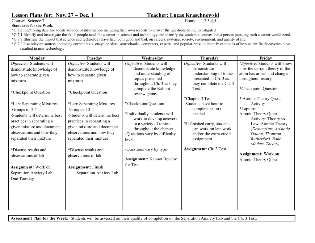 Lesson Plans For: Nov. 27 Dec. 1 Teacher: Lucas Kraschnewski