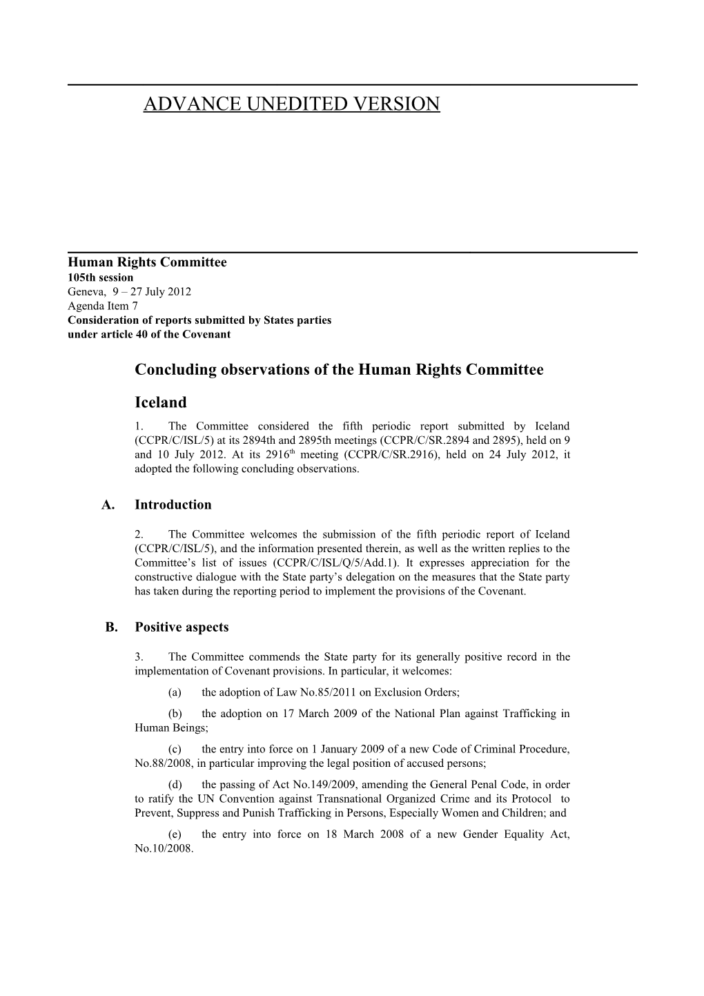 Concluding Observations of the Human Rights Committee