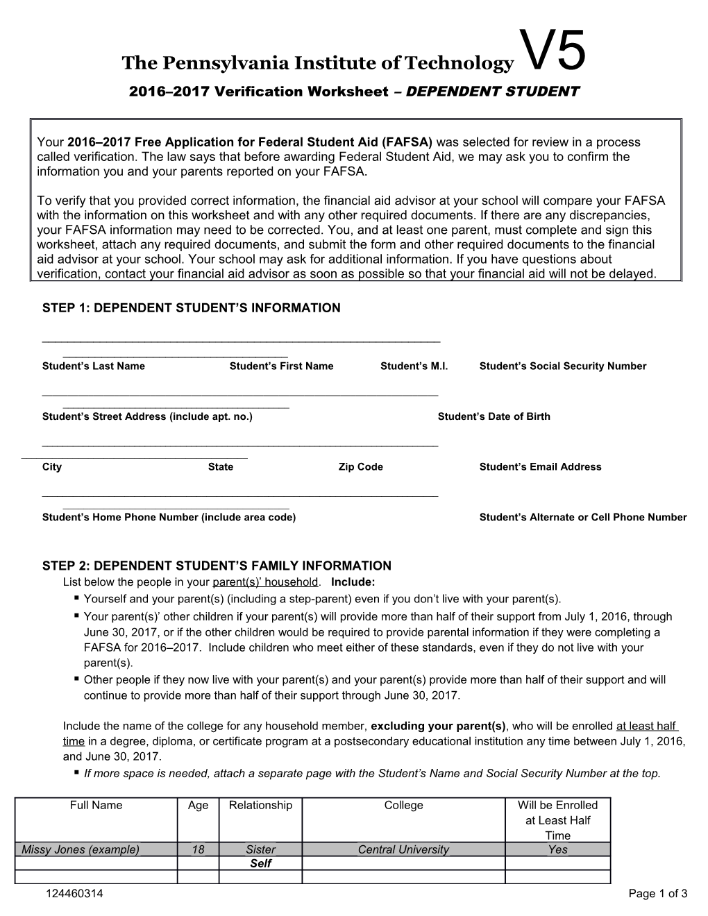 Step 1: Dependent Student S Information