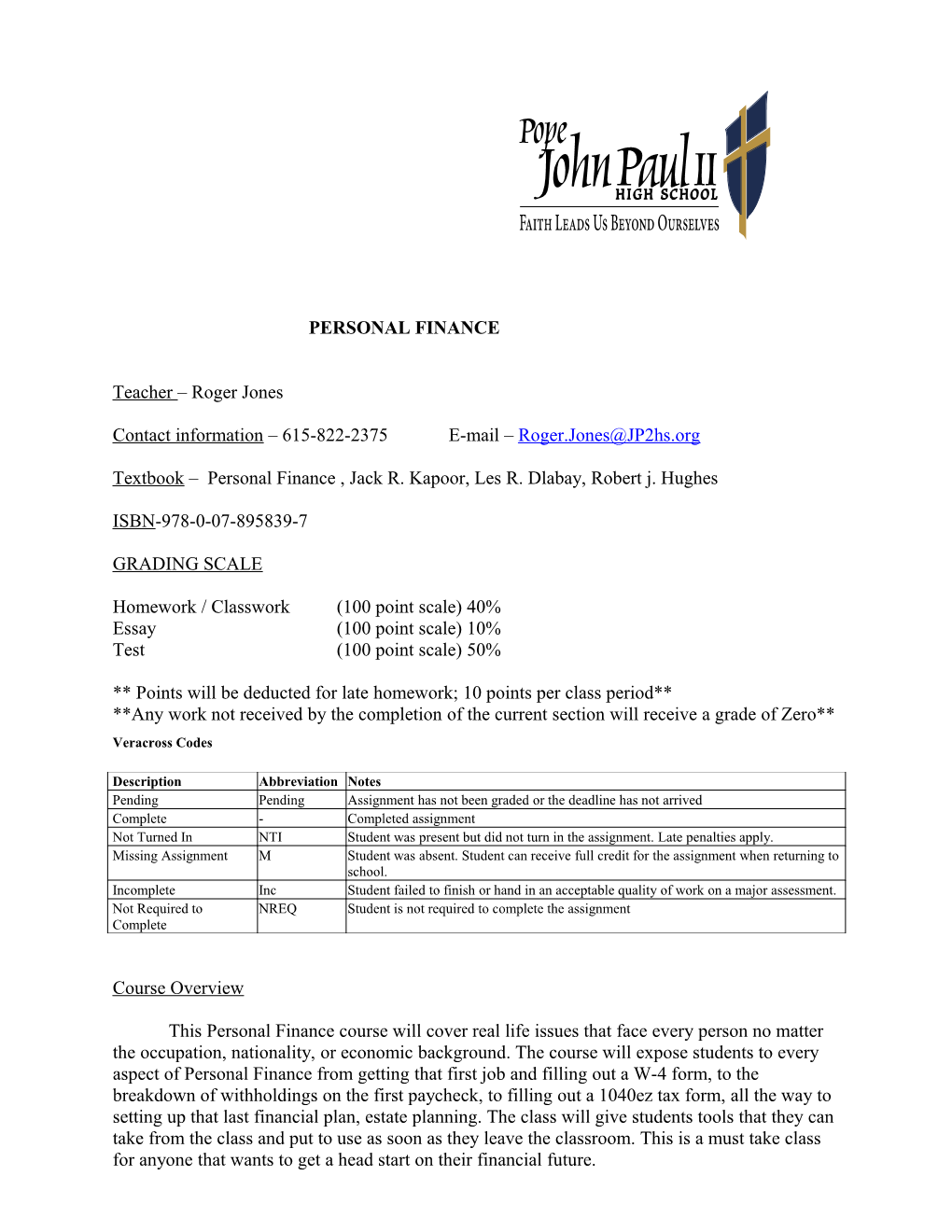 Personal Finance Course Outline