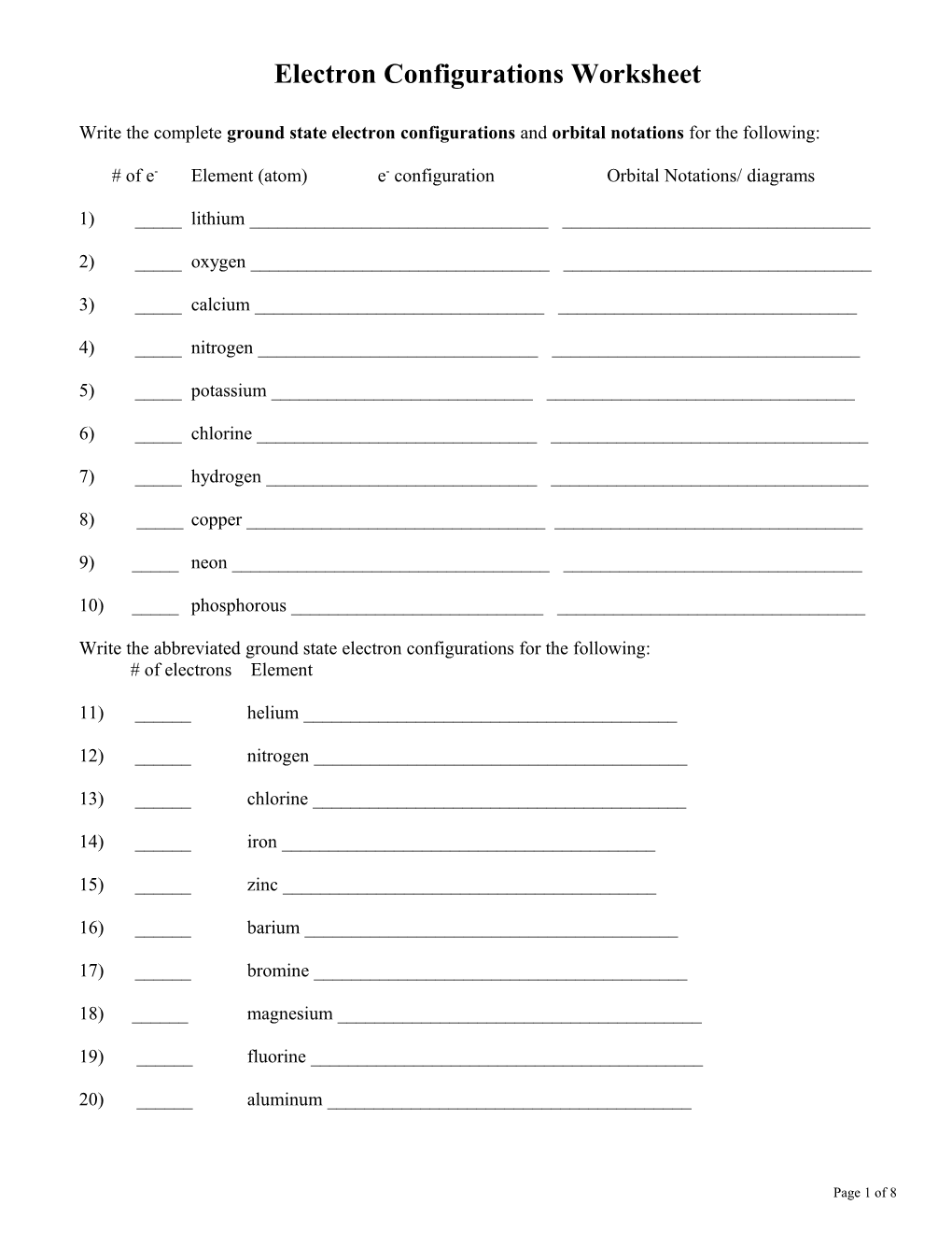 Electron Configurations Worksheet