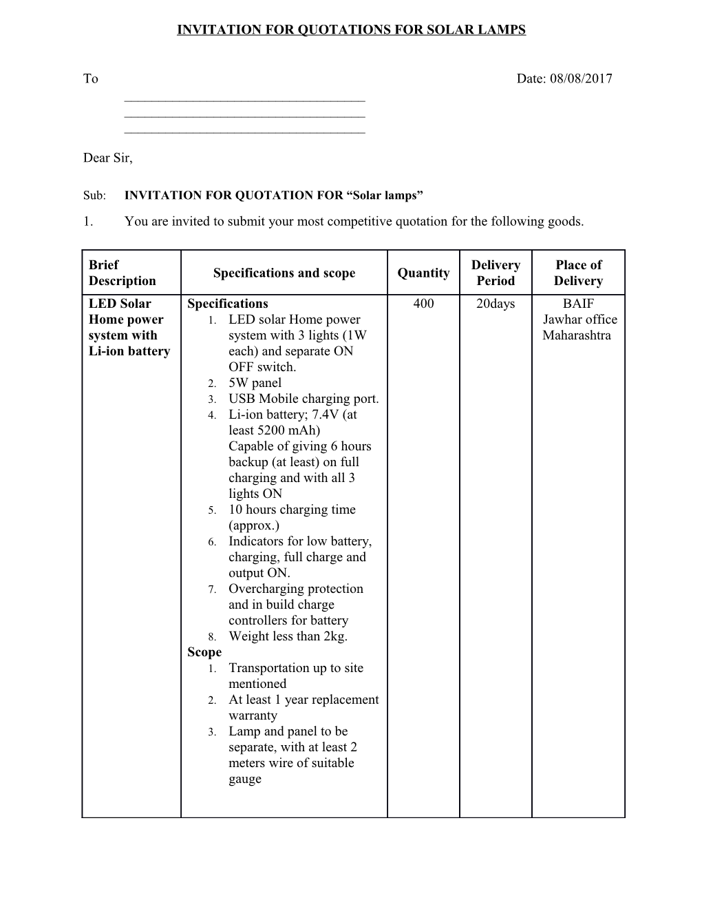 Invitation for Quotations for Solar Lamps