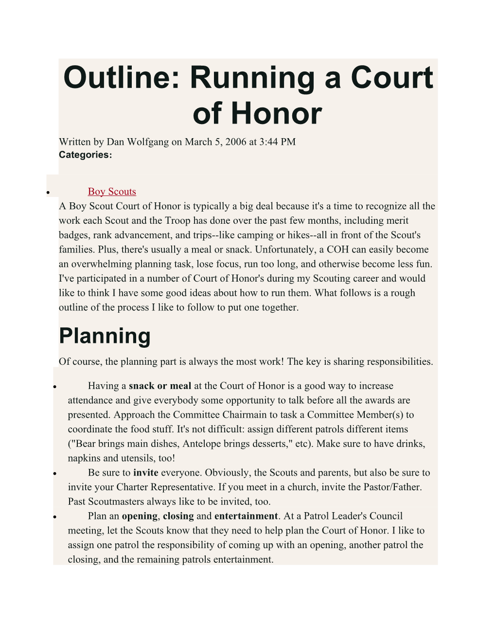 Outline: Running a Court of Honor