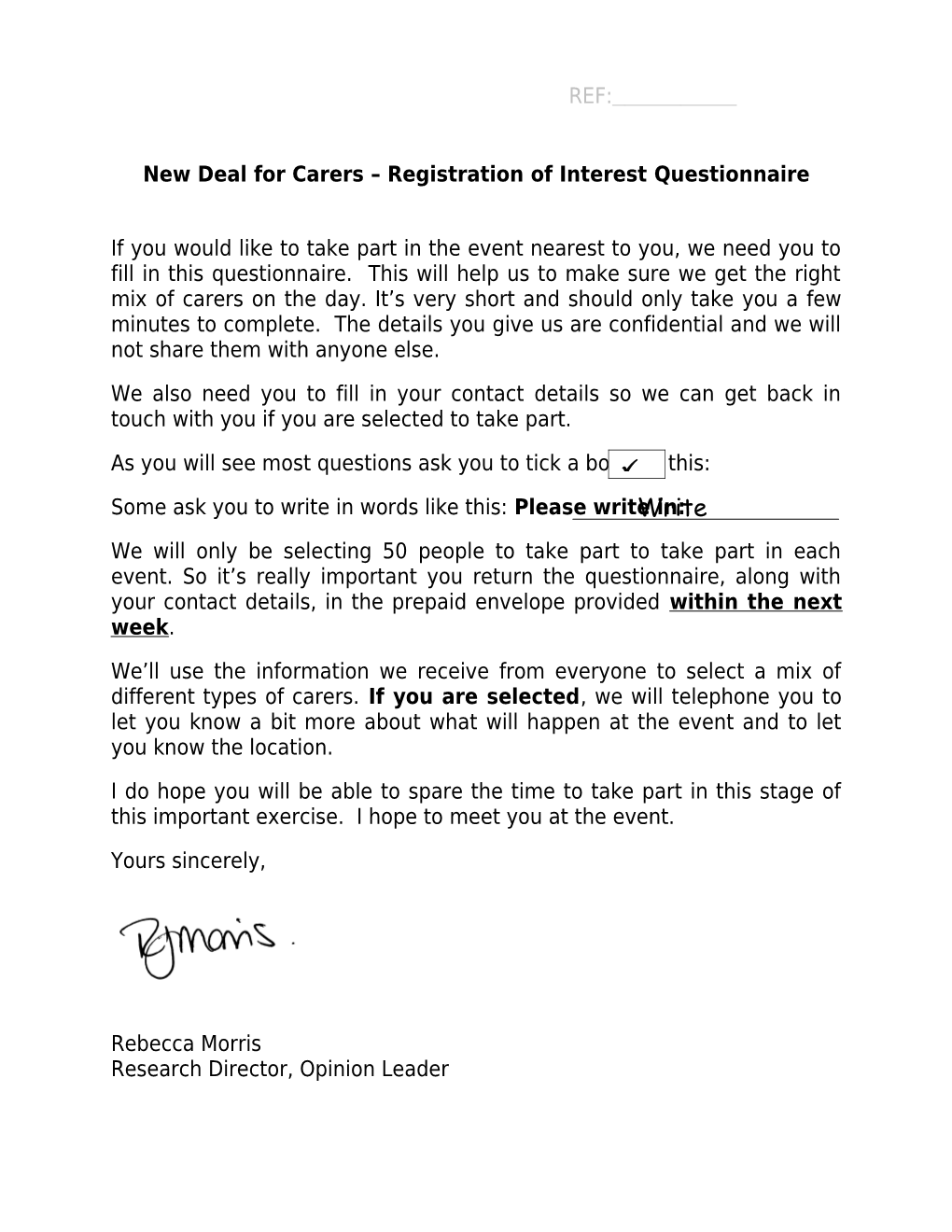 New Deal for Carers Registration of Interest Questionnaire