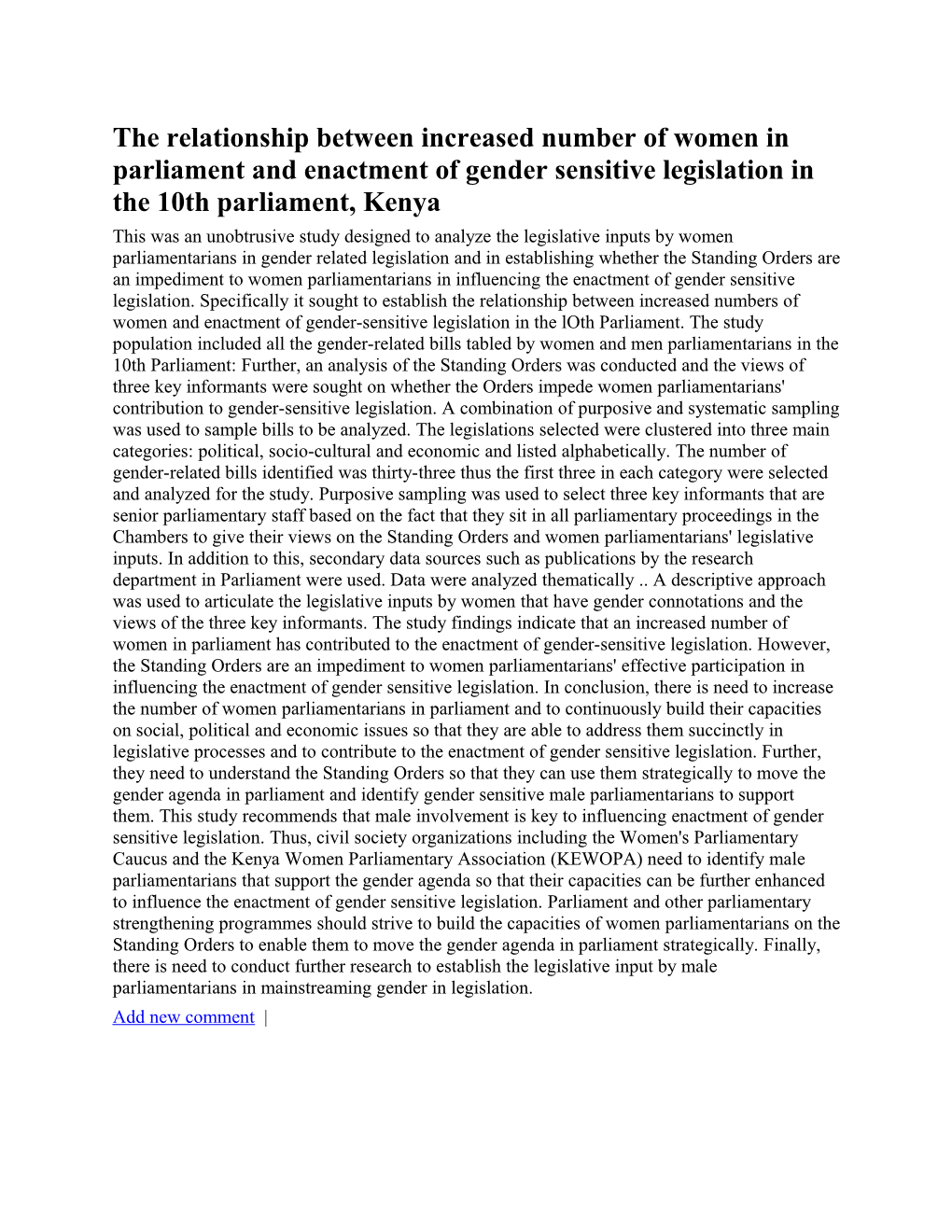 The Relationship Between Increased Number of Women in Parliament and Enactment of Gender