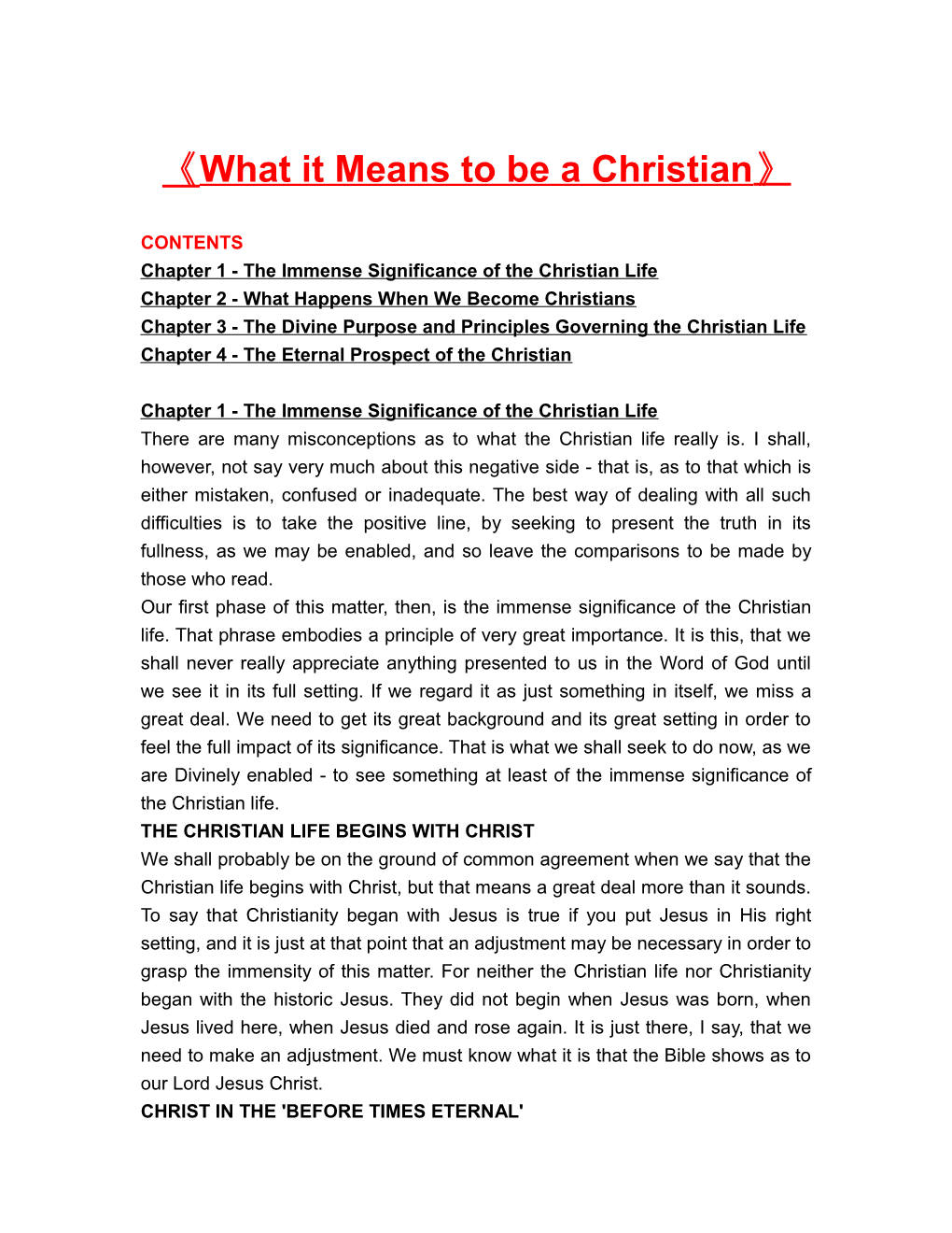 Chapter 1 - the Immense Significance of the Christian Life