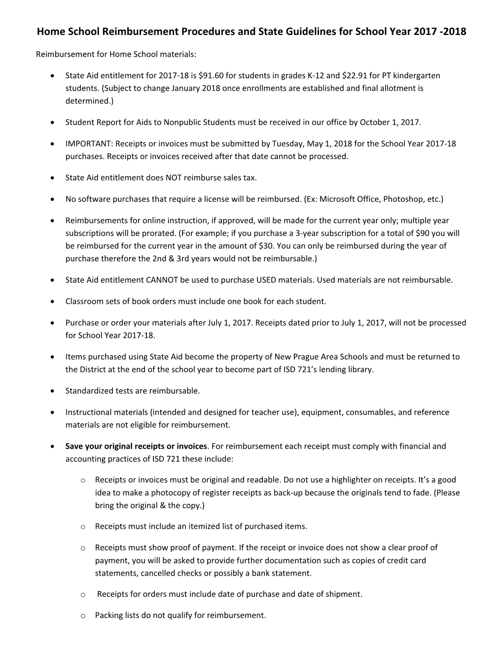 Home School Reimbursement Procedures and State Guidelines for School Year 2017 -2018