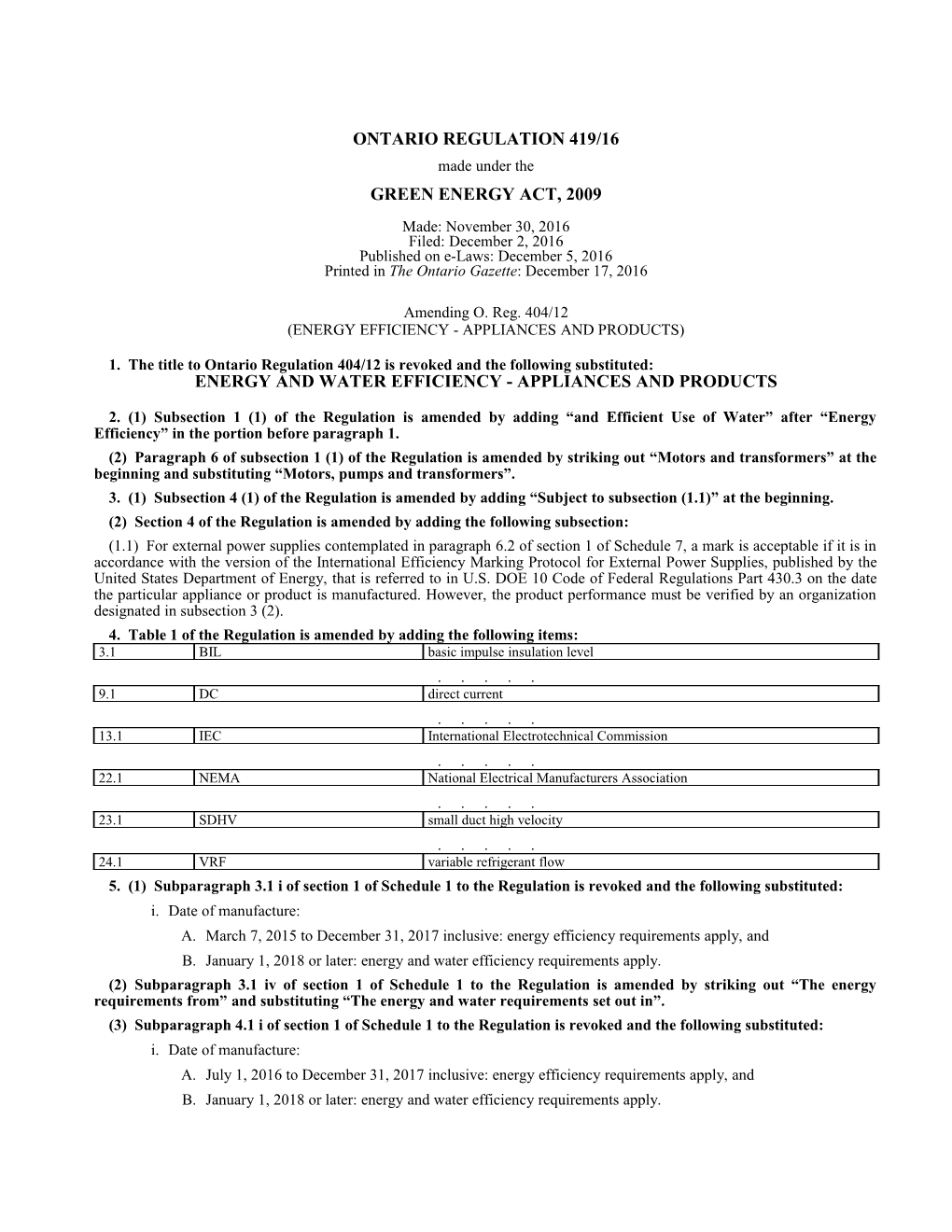 GREEN ENERGY ACT, 2009 - O. Reg. 419/16