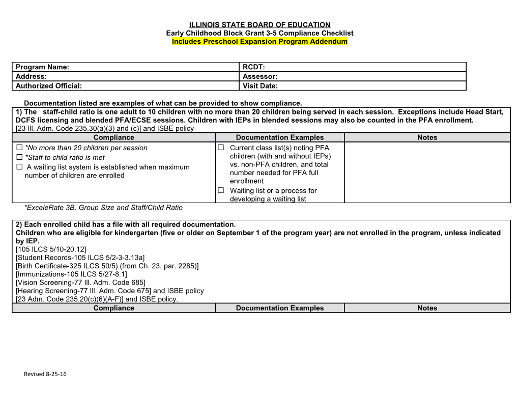 Early Childhood Block Grant 3-5 Compliance Checklist