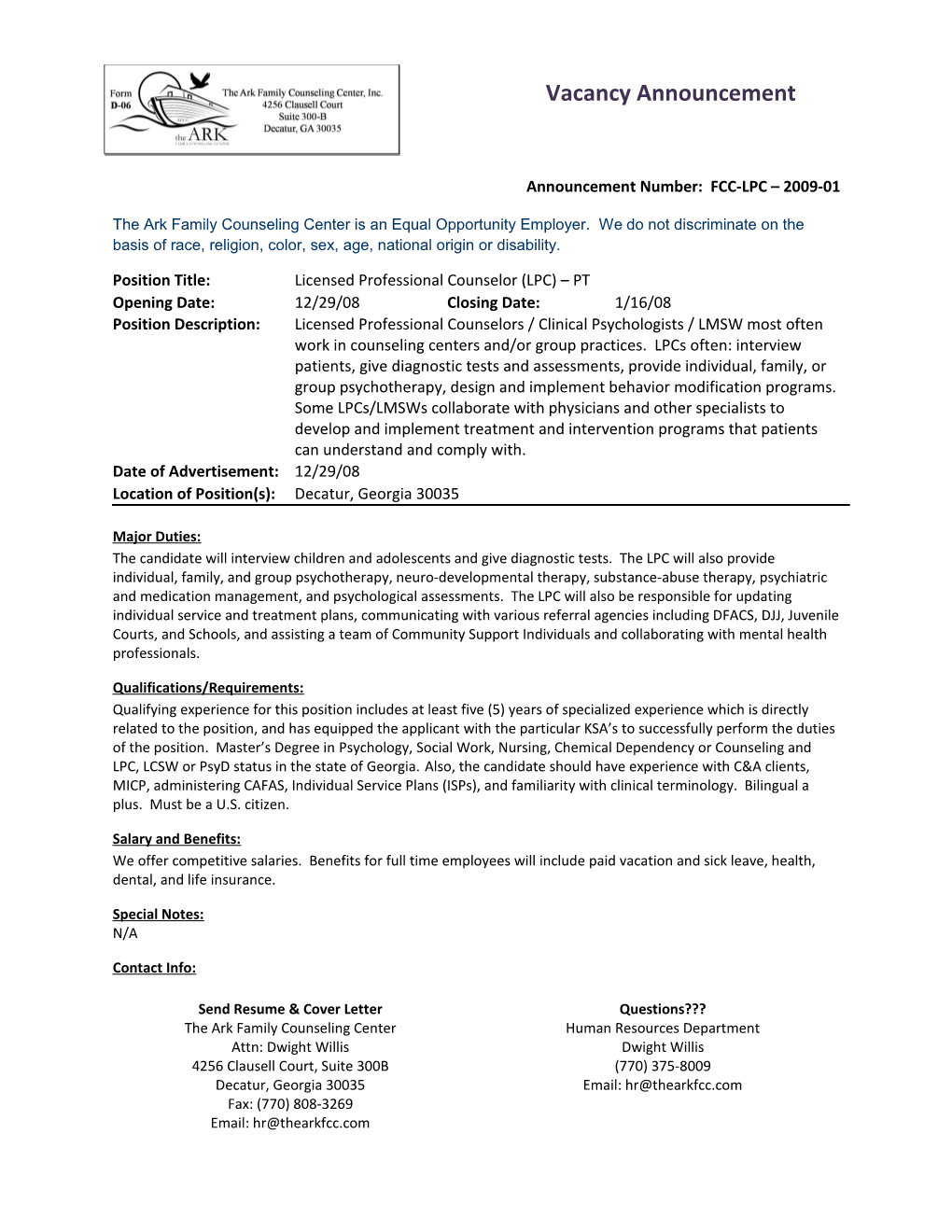 Announcement Number: FCC-LPC 2009-01