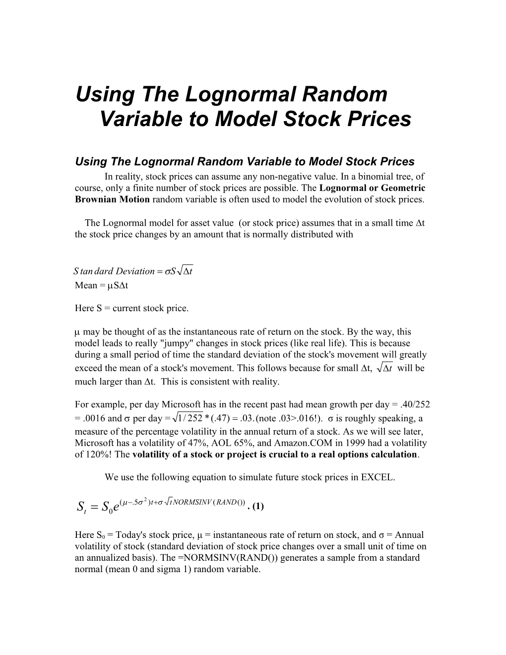 Using the Lognormal Random Variable to Model Stock Prices