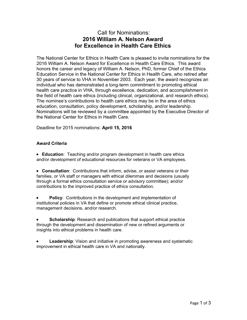 For Excellence in Health Care Ethics