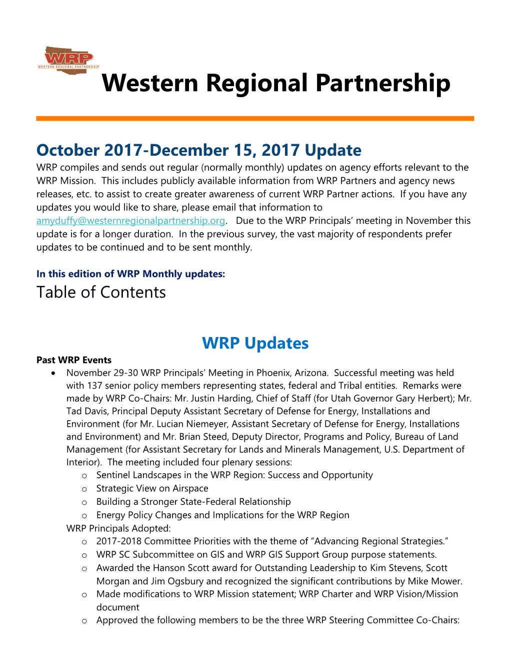 In This Edition of WRP Monthly Updates