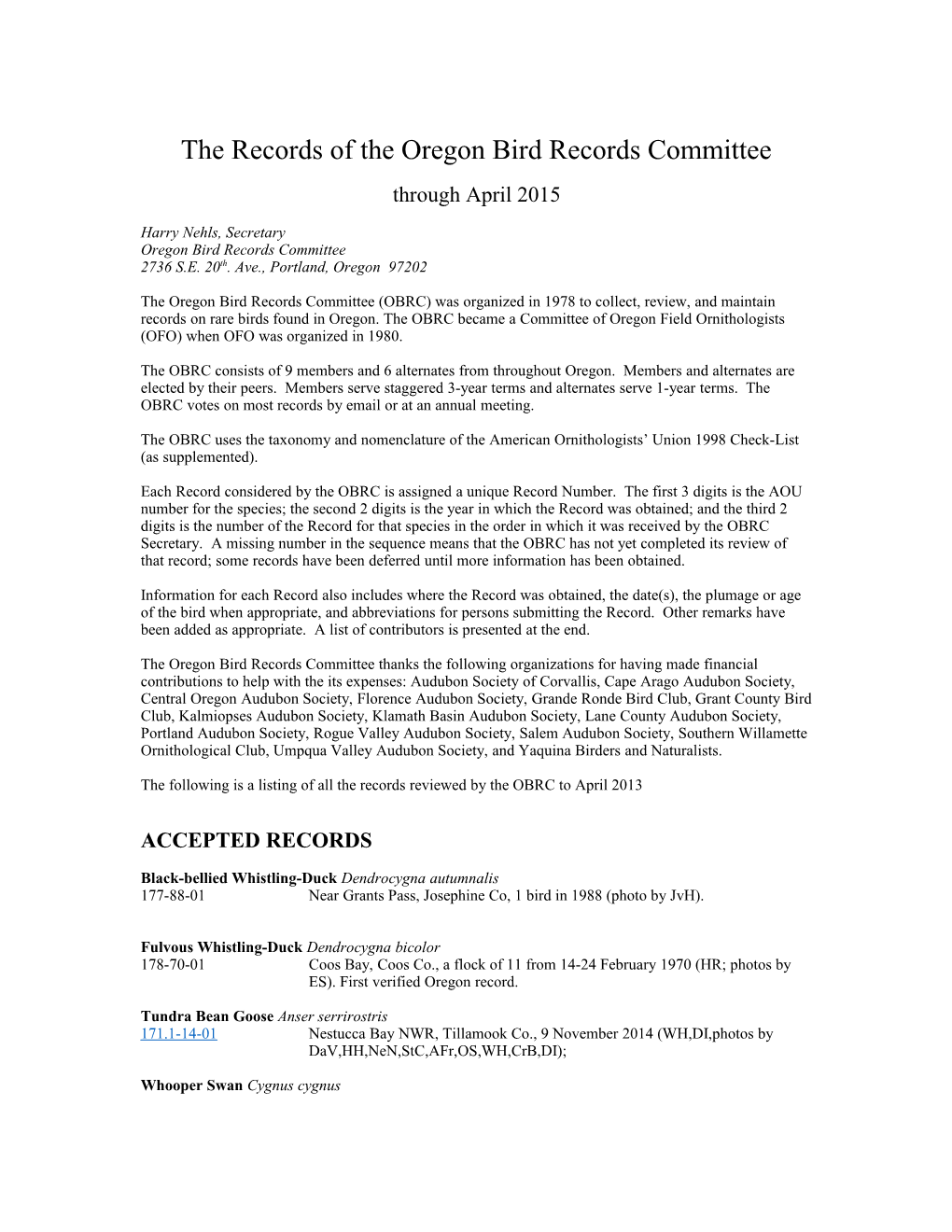 The Records of the Oregon Bird Records Committee