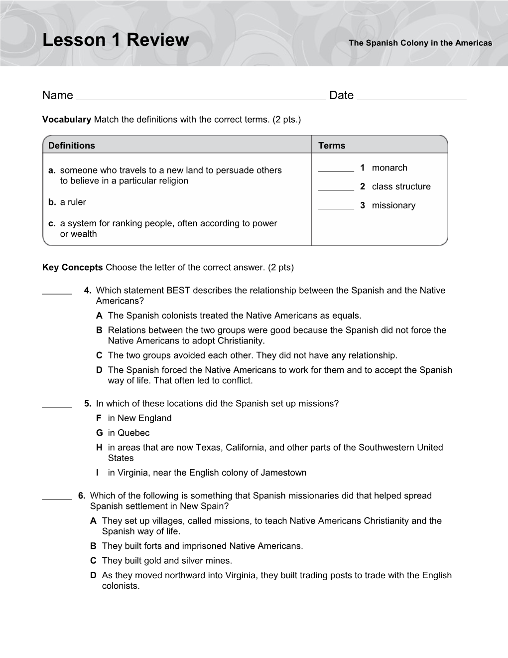 Vocabulary Match the Definitions with the Correct Terms. (2 Pts.)