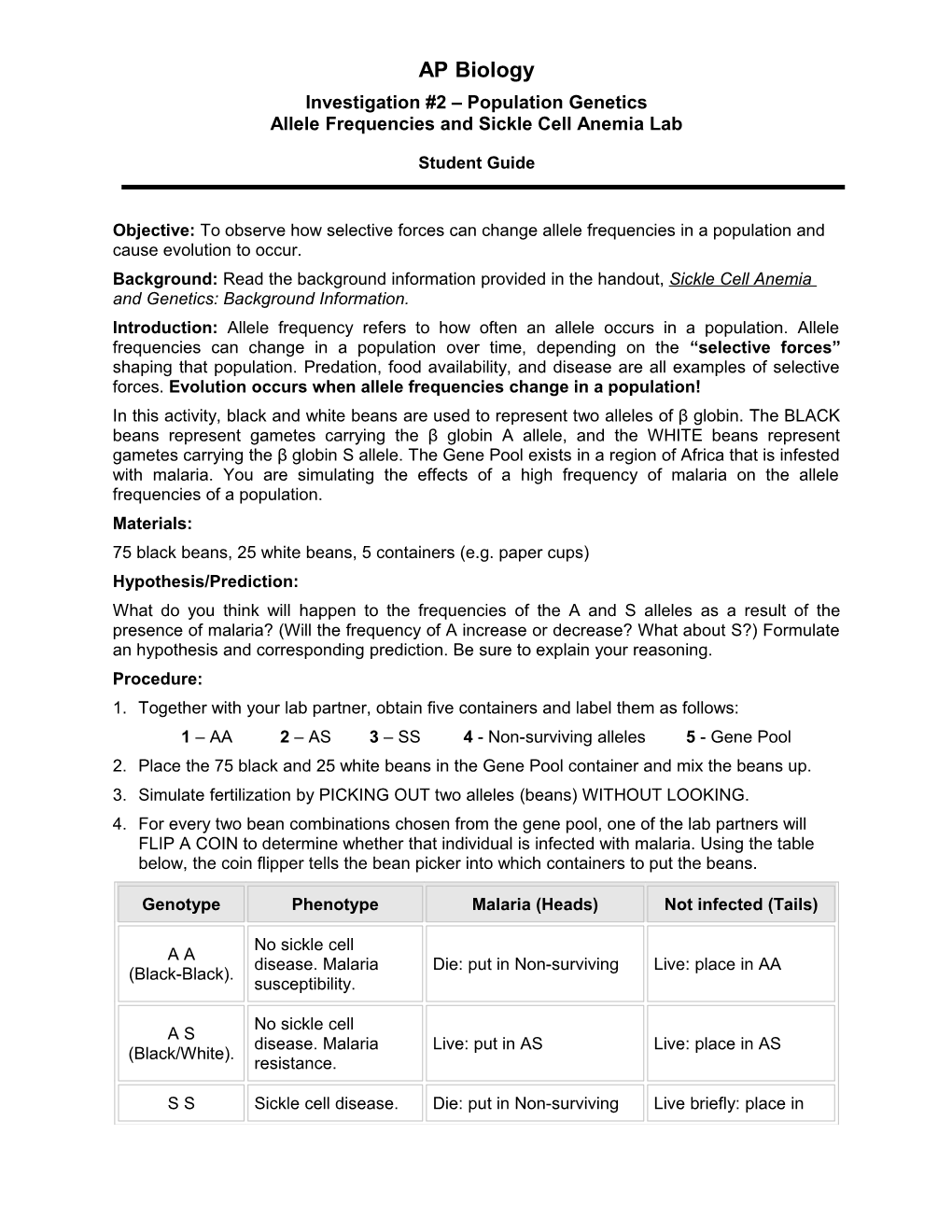 Allele Frequencies and Sickle Cell Anemia Lab