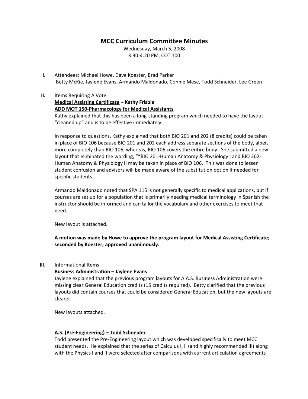 MCC Curriculum Committee Minutes