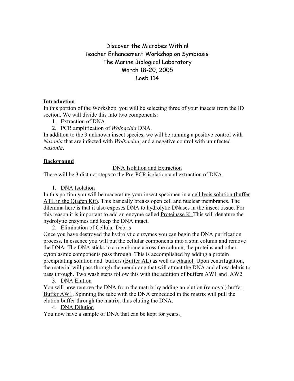 PCR Detection of Wolbachia