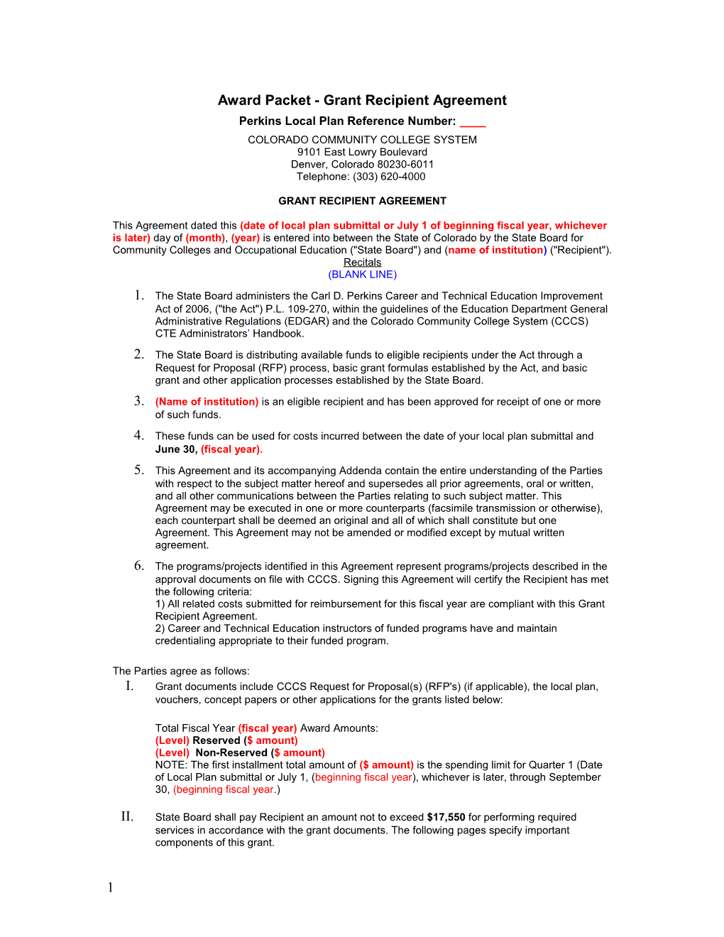 Award Packet - Grant Recipient Agreement