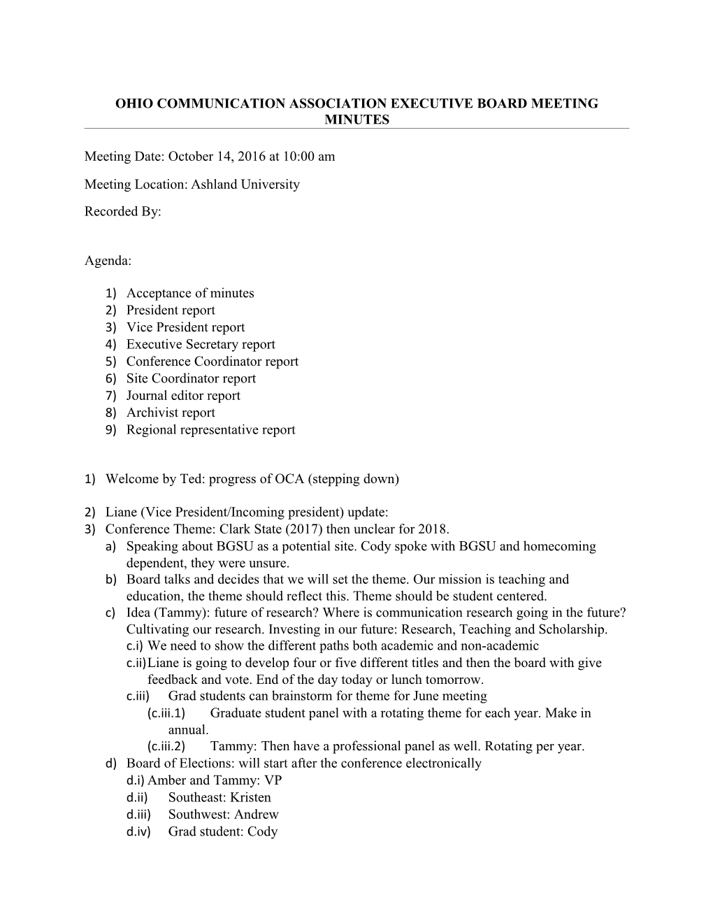 Ohio Communication ASSOCIATION EXECUTIVE Board Meeting Minutes