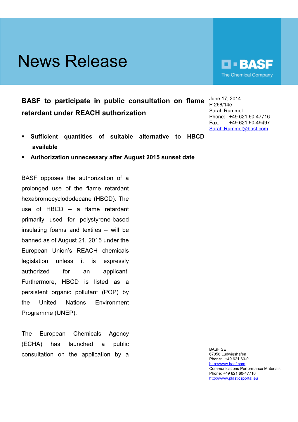 BASF to Participate in Public Consultation on Flame Retardant Under REACH Authorization