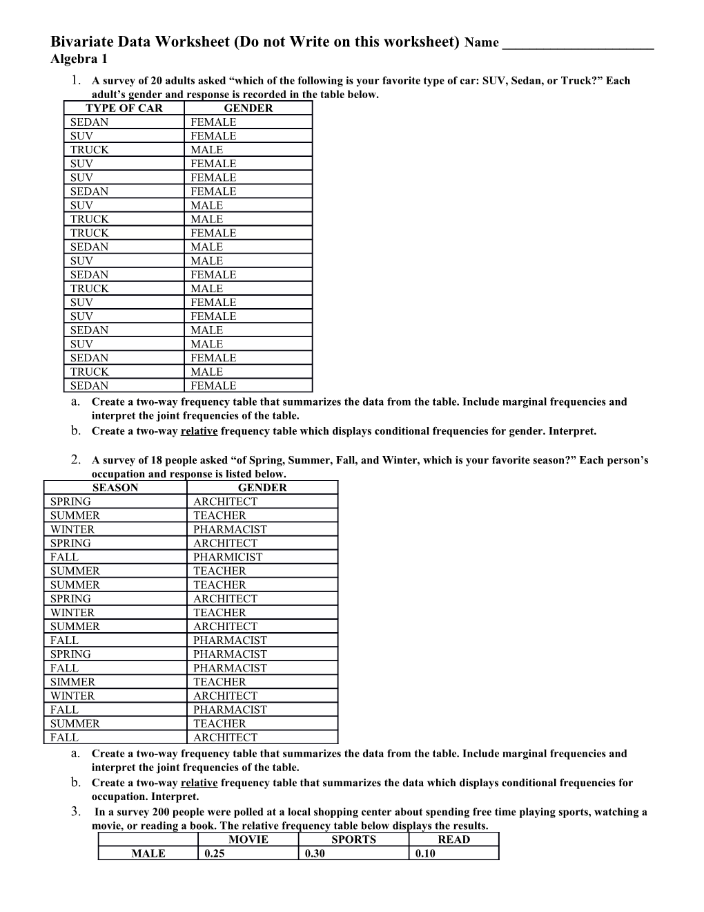 Bivariate Data Worksheet