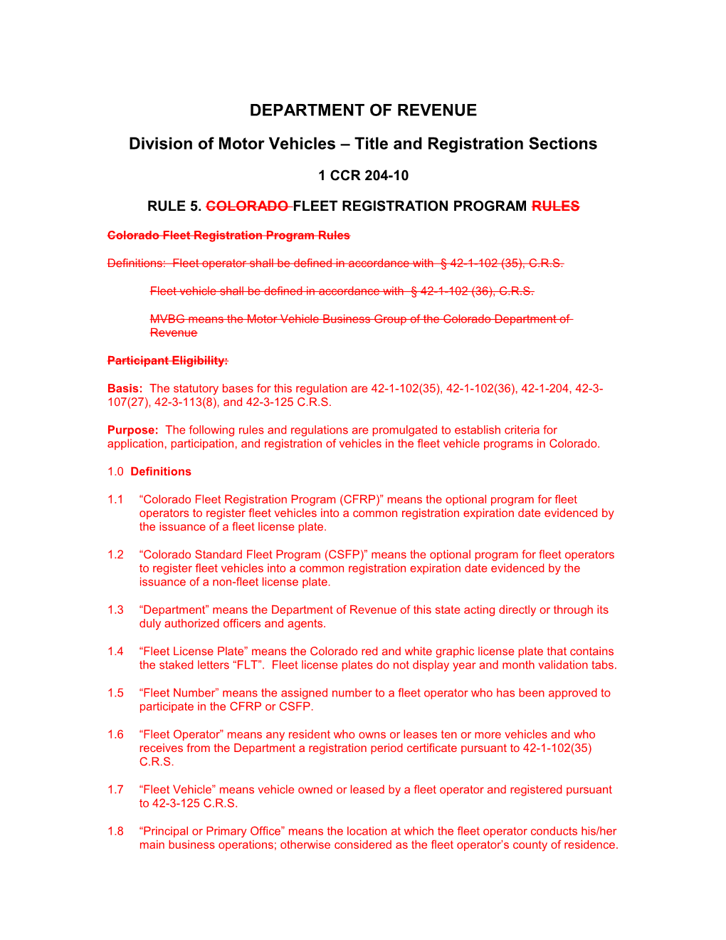 Colorado Fleet Registration Program Rules
