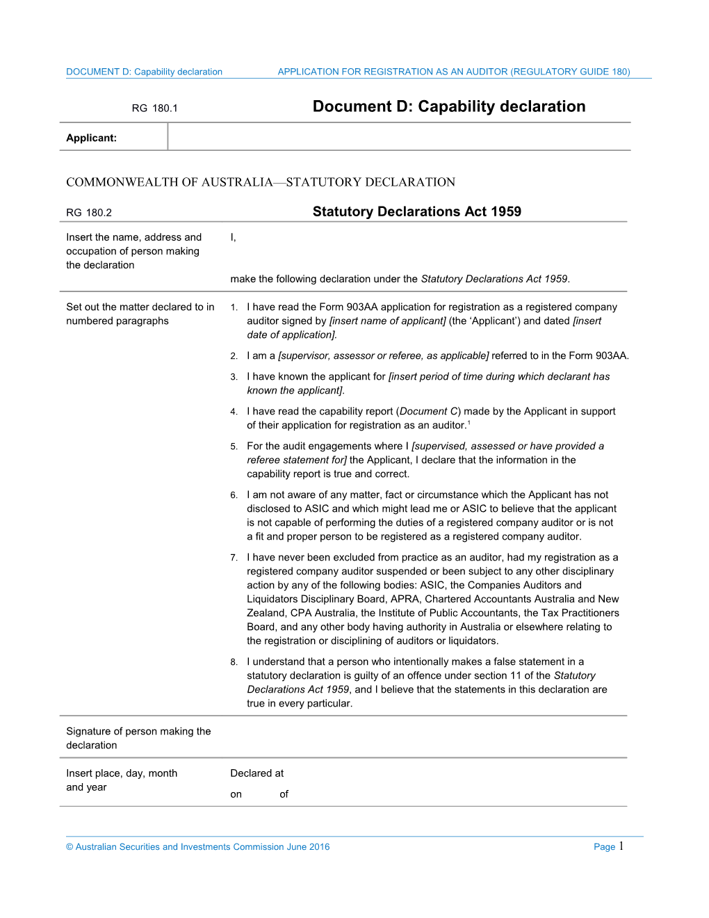 Document D: Capability Declaration Application for Registration As an Auditor (Regulatory