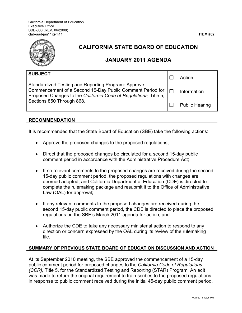 January 2011 Agenda Item 32 - Meeting Agendas (CA State Board of Education)