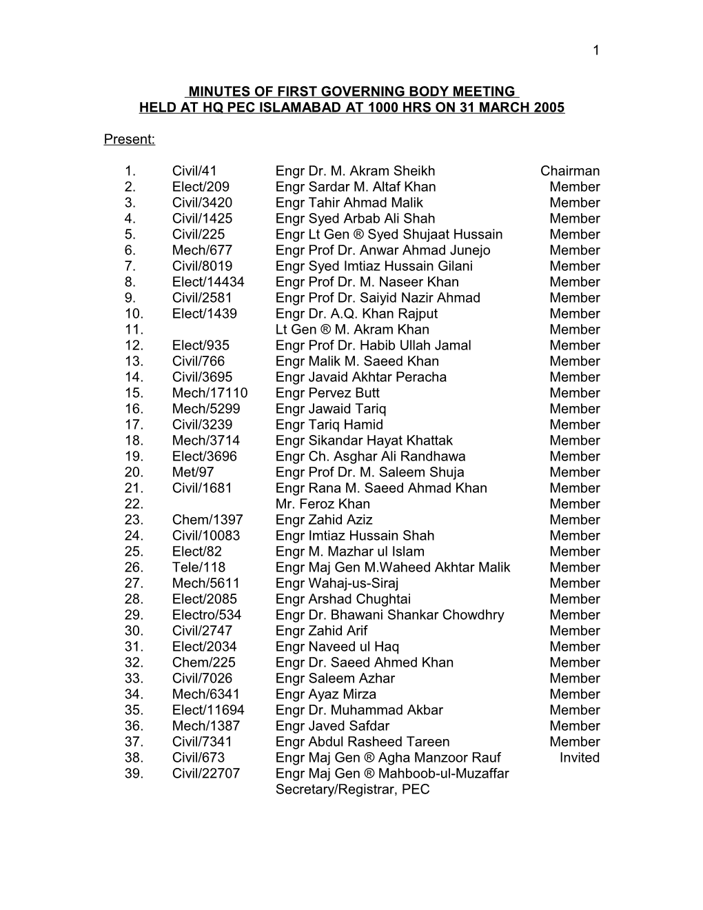 Minutes of First Governing Body Meeting Held at Hq Pec Islamabad at 1000 Hrs on 31 March 2005