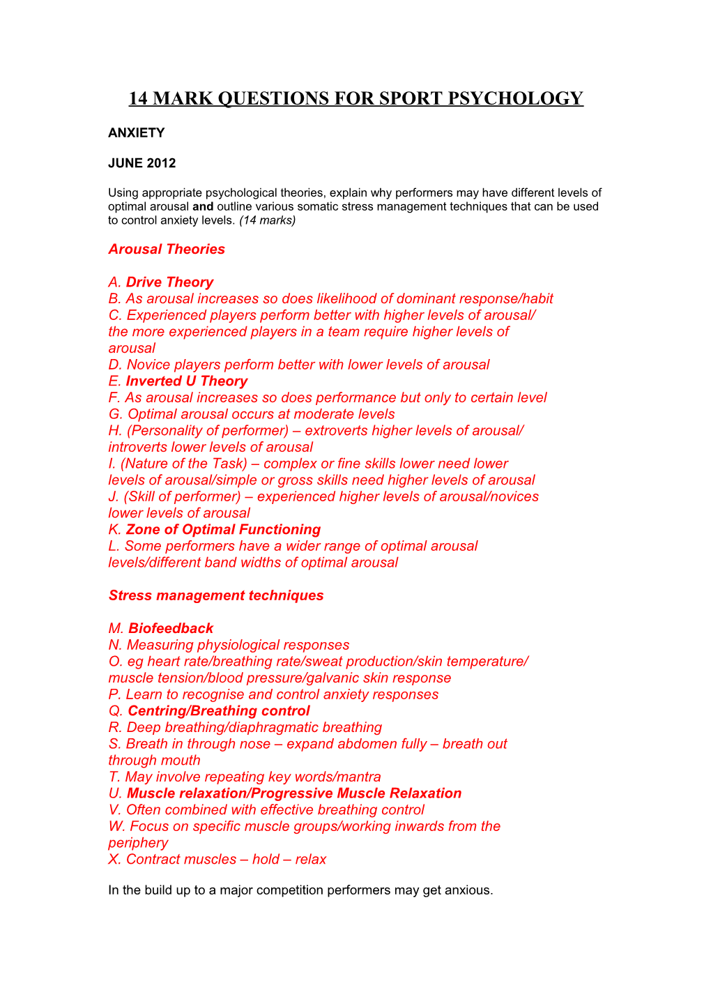 14 Mark Questions for Sport Psychology