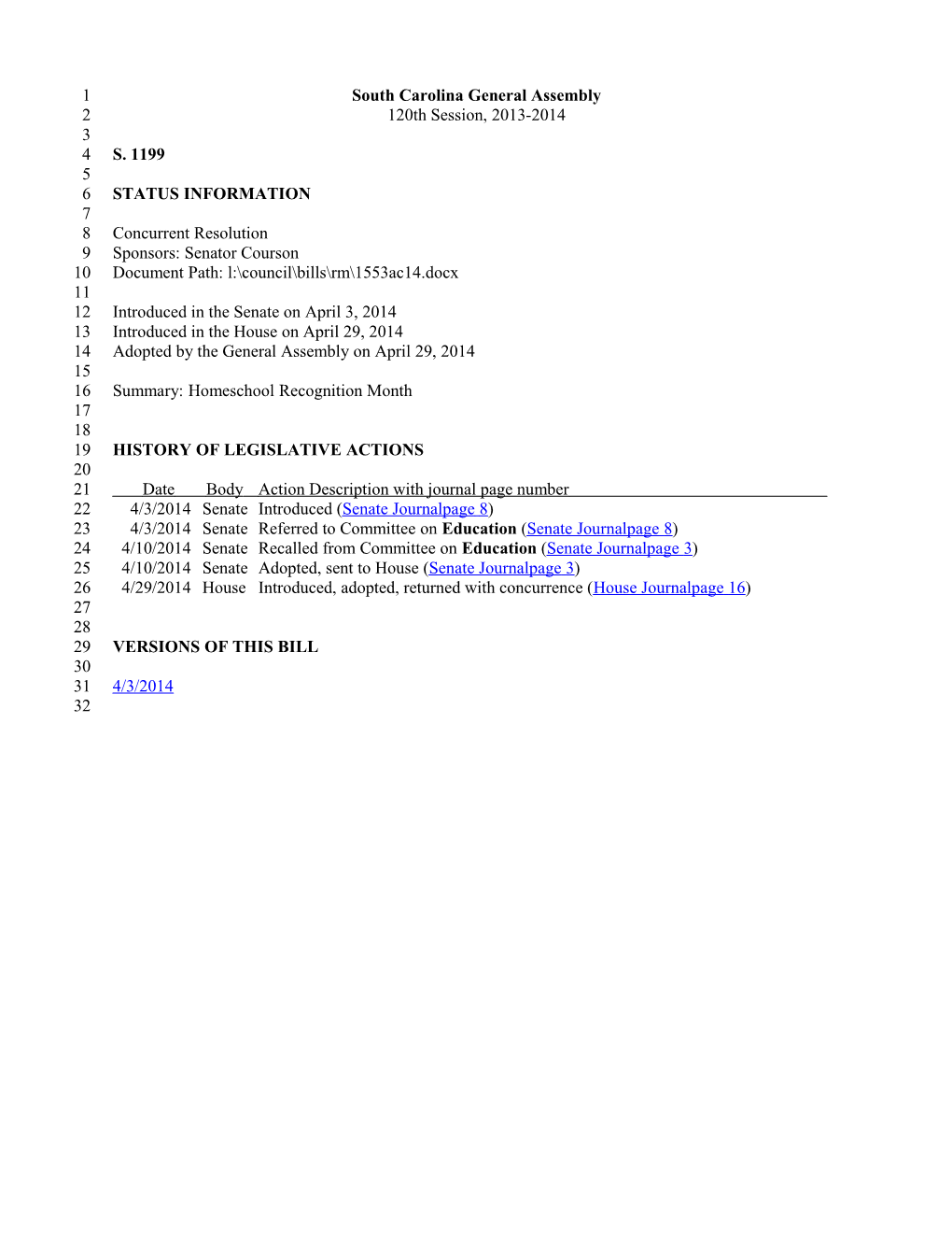 2013-2014 Bill 1199: Homeschool Recognition Month - South Carolina Legislature Online