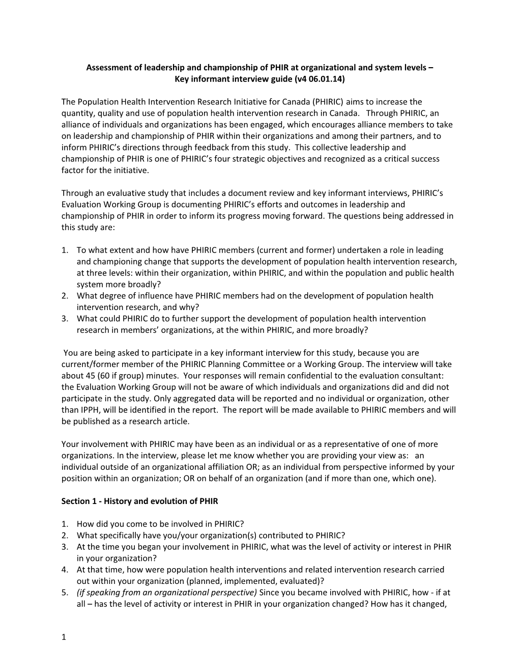 Assessment of Leadership and Championship of PHIR at Organizational and System Levels