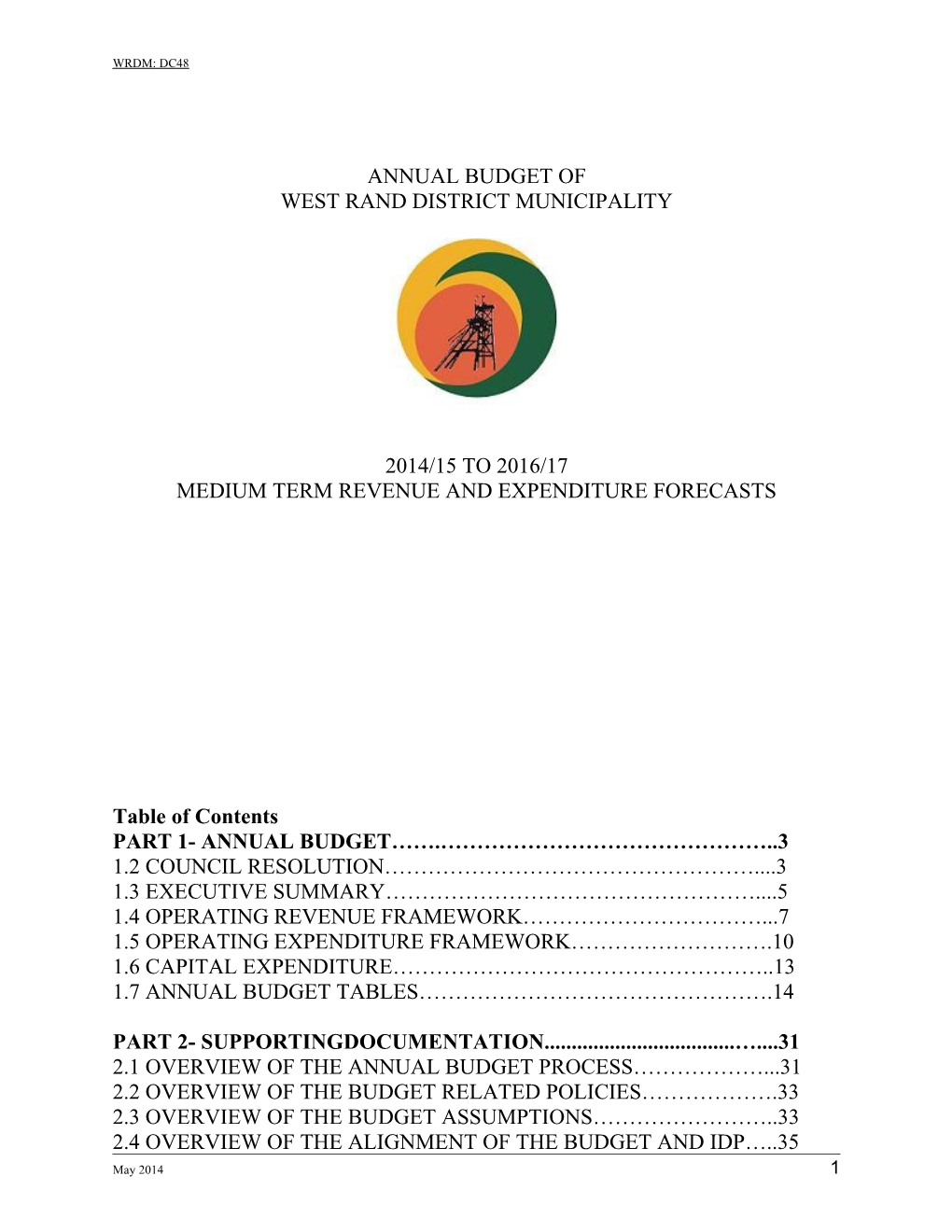 Annual Budget of West Rand District Municipality