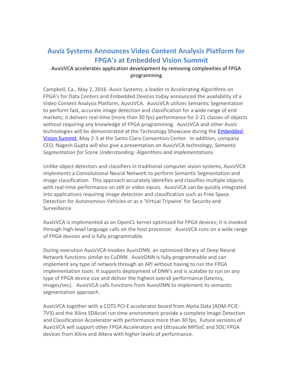 Auviz Systems Announcesvideo Content Analysis Platform for FPGA S at Embedded Vision Summit