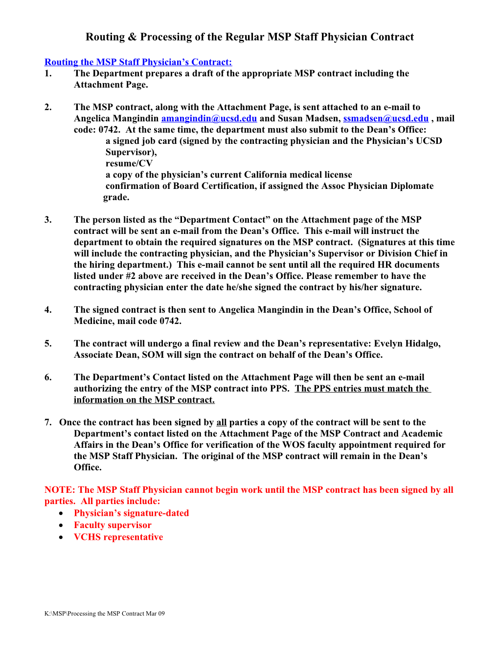 Routing & Processing of the Regular MSP Staff Physician Contract