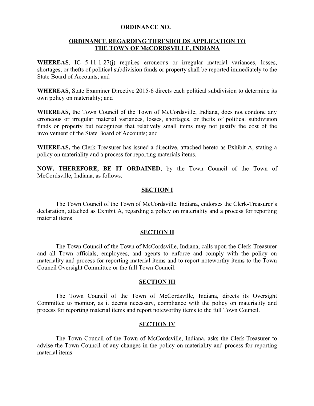 Ordinance Regarding Thresholds Application To