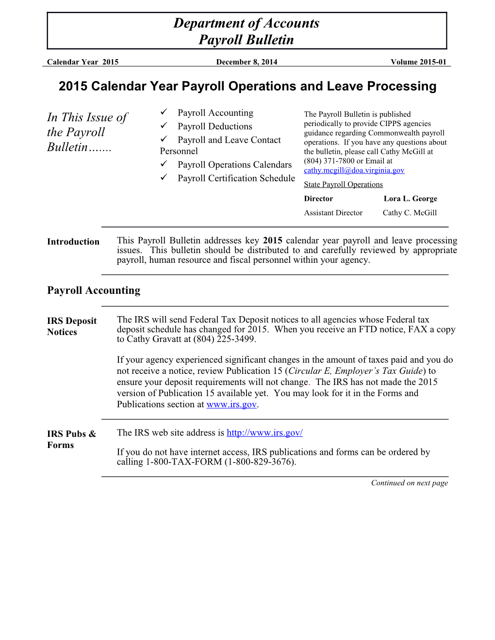2015 Calendar Year Payroll Operations and Leave Processing