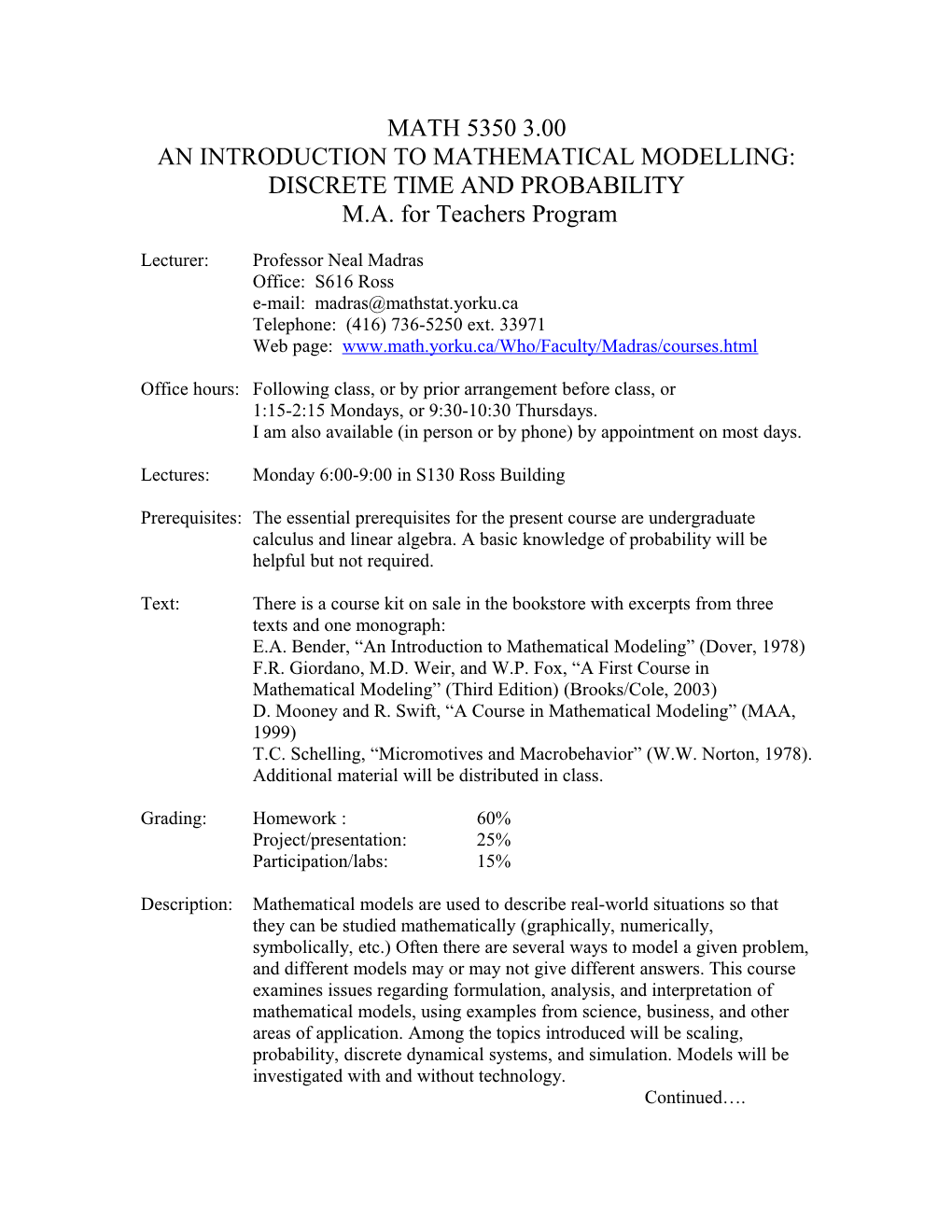 An Introduction to Mathematical Modelling: Discrete Time and Probability